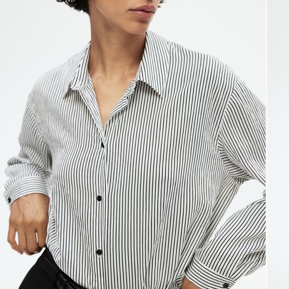 H&M Black and White Relaxed Button Down Shirt cotton linen - Picture 1 of 11